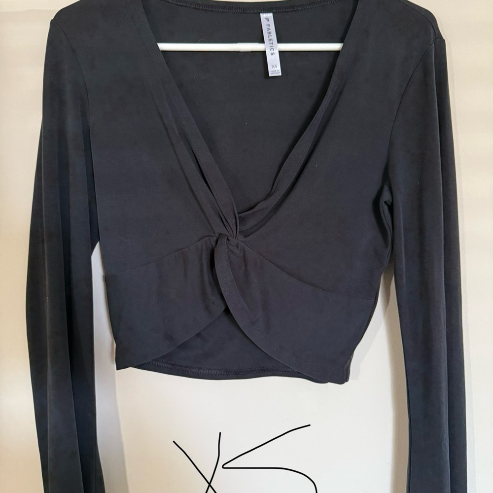 Fabletics Black Crop Blouse with Tie Front and Long Sleeves